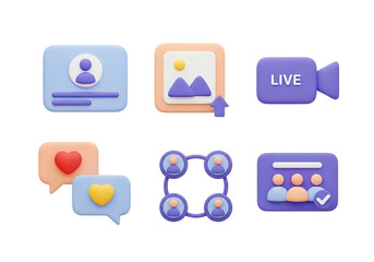 3d icon of collection of 3d icons representing social media, communication, and online interaction, isolated on transparent background
