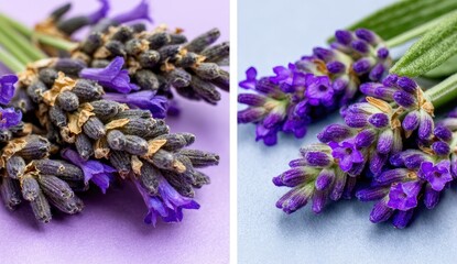 Close-up of two bunches of lavender, one on a light purple background, the other on a light blue background