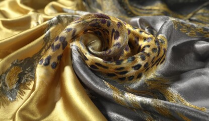 Gold and gray silk fabric with leopard print