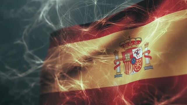 A red and white flag with the word "spain" on it. The flag is surrounded by a blurry, glowing effect. Close up Spain flag burning with heat waves overlay, heatwave dark conceptual muted, Madrid