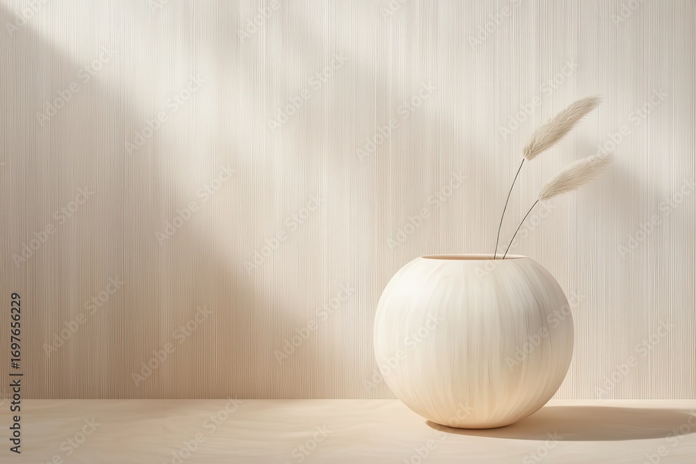 Poster a minimalist vase with delicate pampas grass against a textured light background, creating an elegan