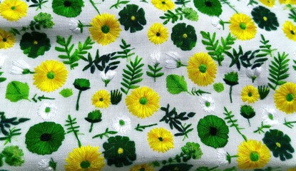 Floral embroidered fabric with yellow, white, and green flowers