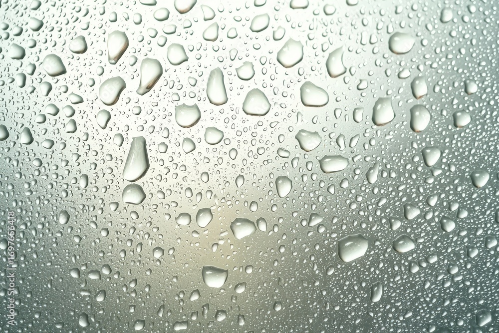 Poster close-up of water droplets on a foggy window, creating a textured and blurred background, evoking a 