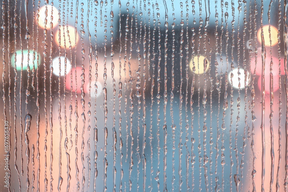 Poster a close-up view of raindrops streaking down a window, creating a blurred background of colorful city