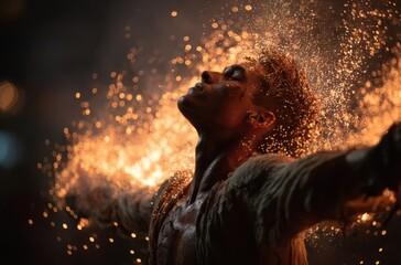 A man with closed eyes and outstretched arms, surrounded by glowing sparks/light particles against a dark background, creating a dramatic & intense atmosphere.
