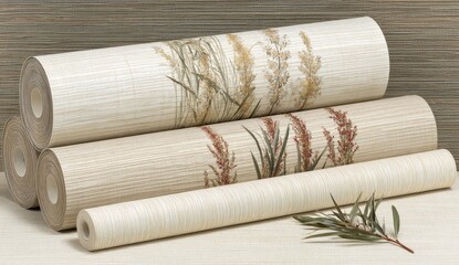 Beige wallpaper rolls, stacked, featuring a floral print of grasses