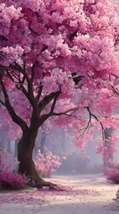 **A Dreamy Wallpaper Featuring A Full Sakura Tree In Bloom, Its Branches Covered In Thousands Of Pink Cherry Blossoms. Petals Gently Fall To The Ground, Creating A Romantic Pastel Atmosphere. No Distr