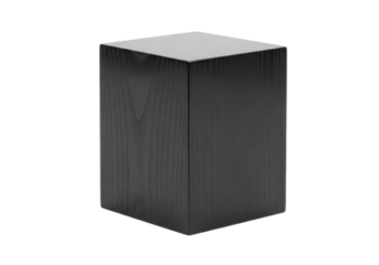 A seamless, polished dark charcoal gray composite wood rectangular prism with razor-sharp edges, isolated on a transparent background with soft overhead studio lighting, medium close-up shot. Concept