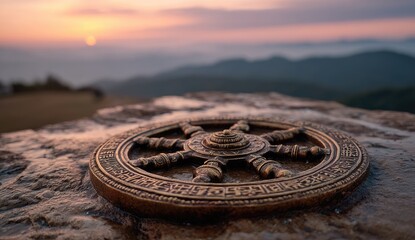 Bronze Dharma Wheel atop a mountain