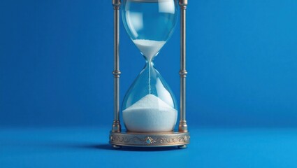 Elegant glass hourglass with flowing white sand on blue background