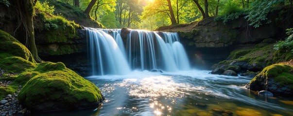 Serene waterfall cascading over mossy rocks, sunlight illuminating the water's flow  Perfect for nature, travel, and serenity themes ,  movement,  nature,  stream