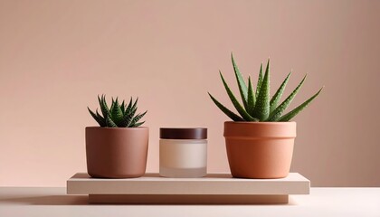 Fototapeta premium Aloe Vera Plants and Skincare Cream on Wooden Tray