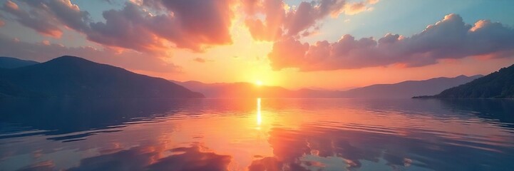 Serene Sunrise over Tranquil Water A Peaceful Reflection for Mindfulness, Yoga, and Wellness