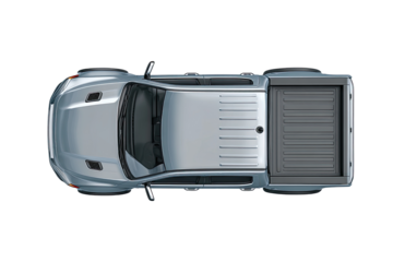 Overhead view of a light gray pickup truck.  Closed truck bed.  Sleek lines.  Modern design