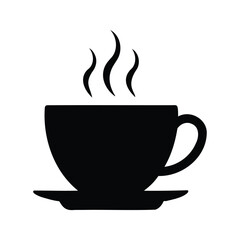 Minimalist black silhouette of a steaming hot coffee or tea cup, coffee cup silhouette vector illustration