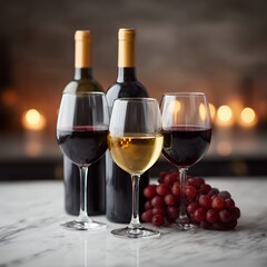 Fototapeta premium Elegant arrangement of red and white wine glasses with bottles and fresh grapes.