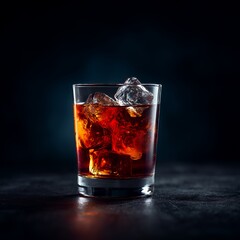 A refreshing glass of dark beverage with ice on a dark background.