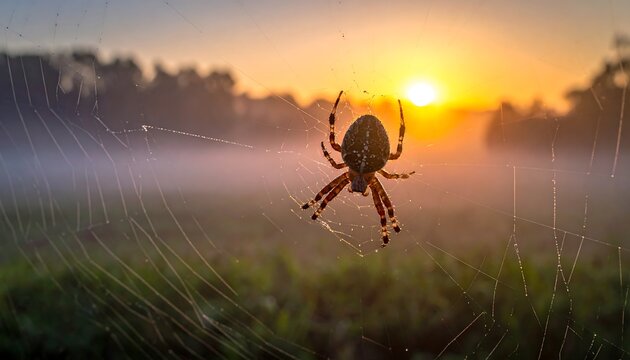 Spider in web at sunrise