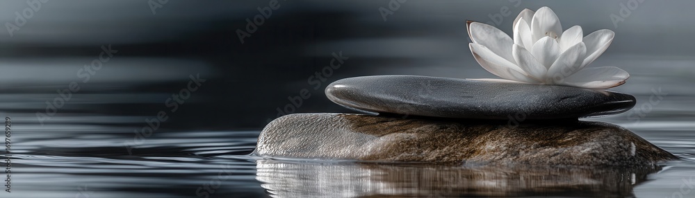 Poster a tranquil scene featuring a white lotus flower resting on a smooth stone in calm water, creating a 
