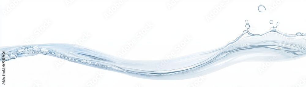 Poster a smooth wave of clear water with droplets, creating a refreshing and tranquil atmosphere.