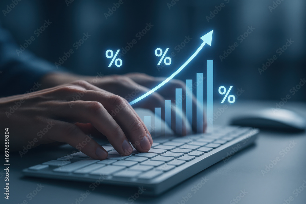 Poster hands typing on keyboard with rising bar chart and percentage symbols showing financial growth