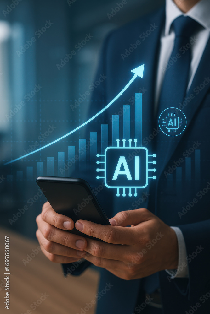 Poster artificial intelligence concept with business person holding smartphone and digital graph