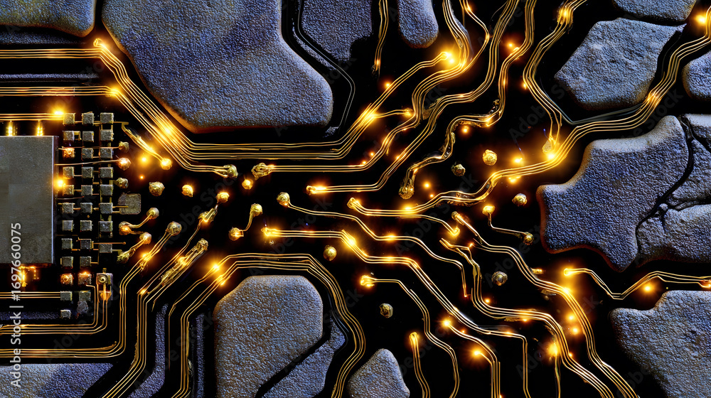 Poster illuminated circuit board with golden traces over a textured surface