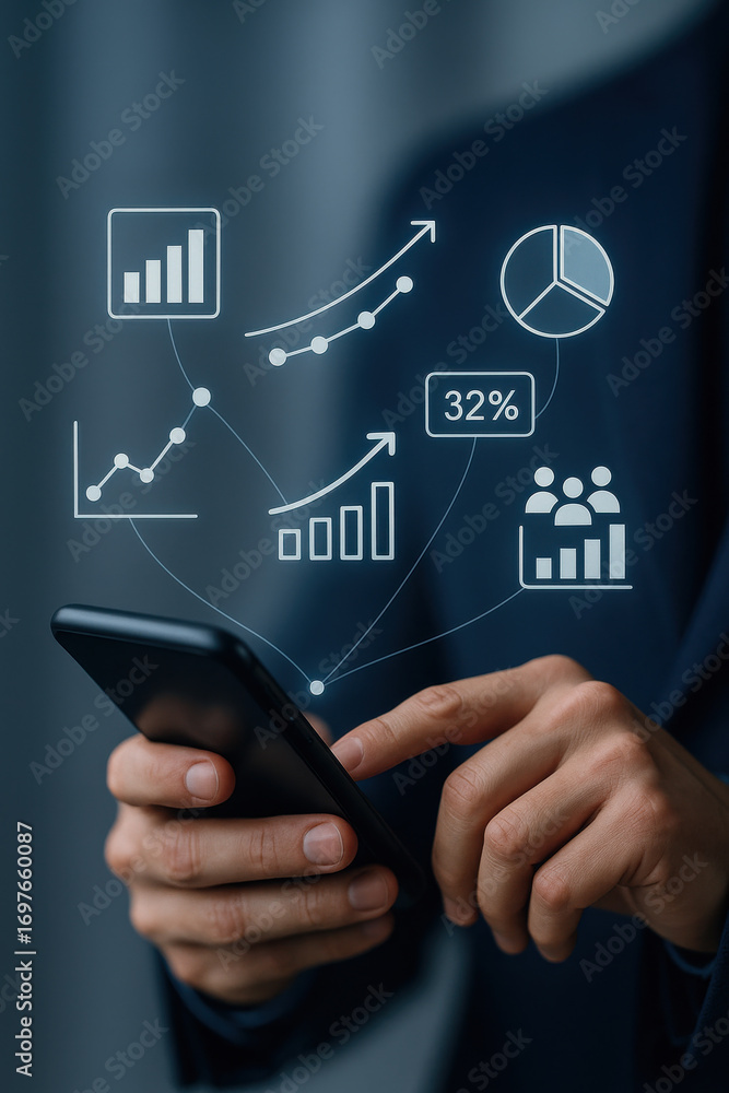 Aufkleber businessman using smartphone with digital business analytics icons showing growth and data
