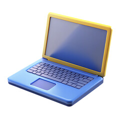 A colorful blue and yellow toy laptop computer isolated on transparent background