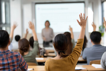 Engaged students actively participating in a classroom session, raising their hands to answer questions