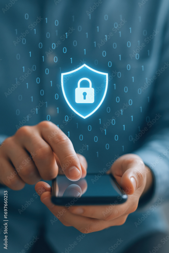 Aufkleber data protection concept with digital lock shield and binary code over person using smartphone