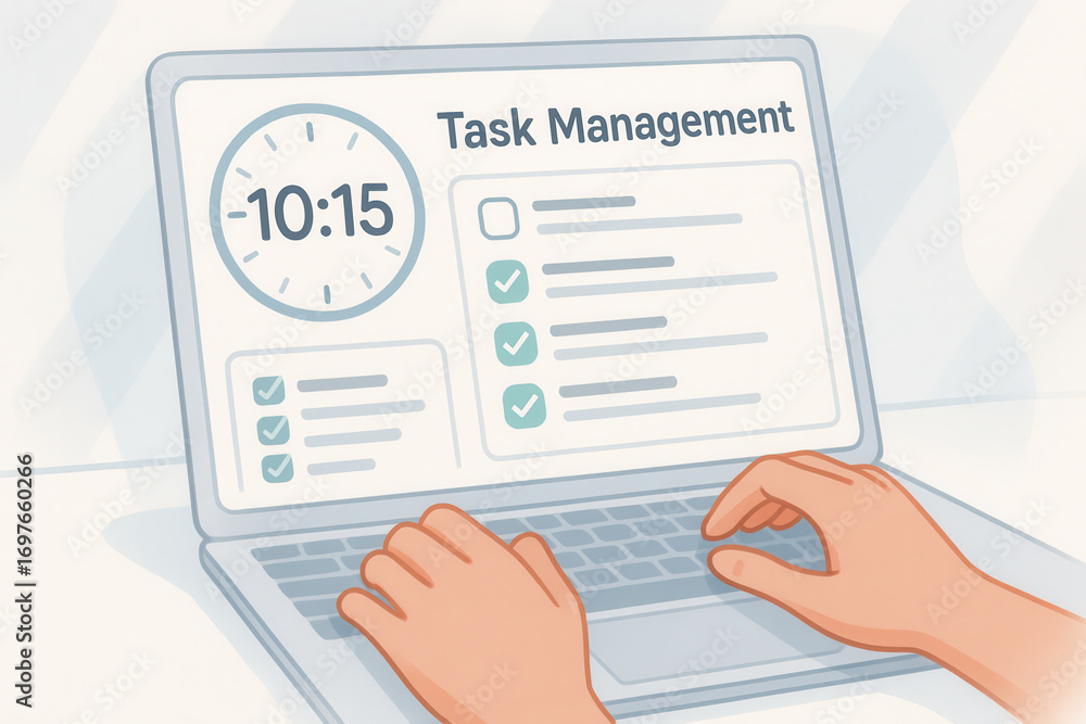 Poster task management screen on laptop with hands typing and checklist for productivity