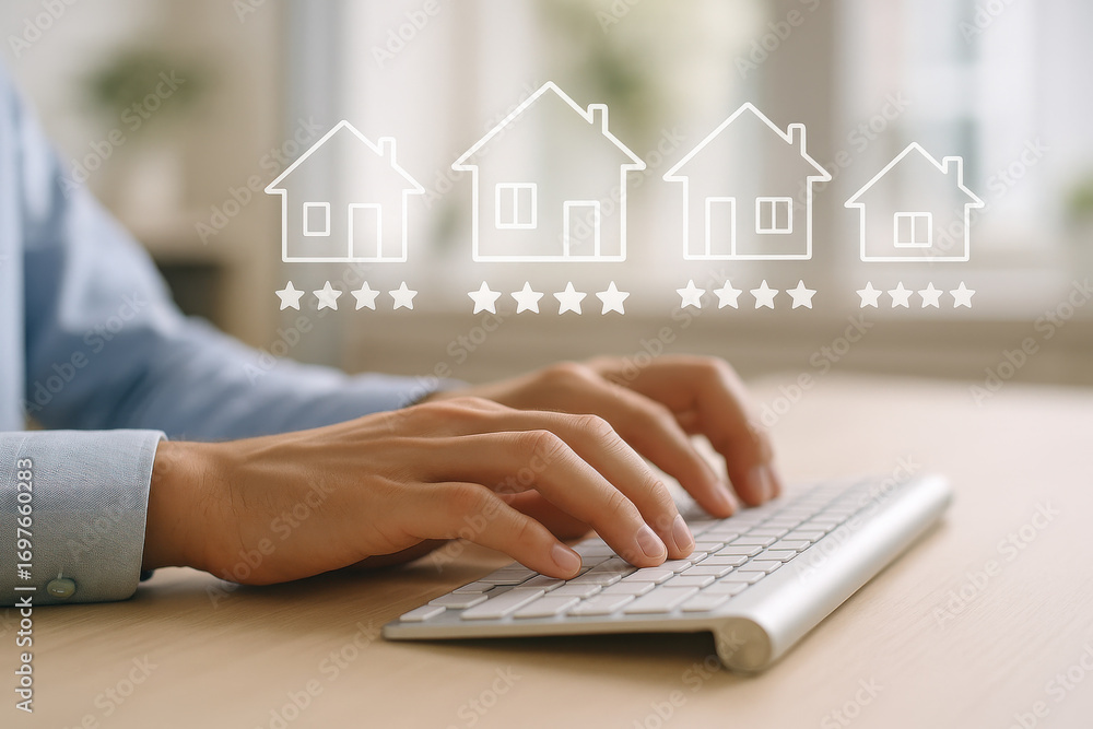 Poster person typing on keyboard with house rating icons floating above, showing satisfaction