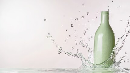 A green bottle splashes into water, creating dynamic waves and droplets against a soft, neutral background.