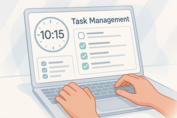 Task management screen on laptop with hands typing and checklist for productivity