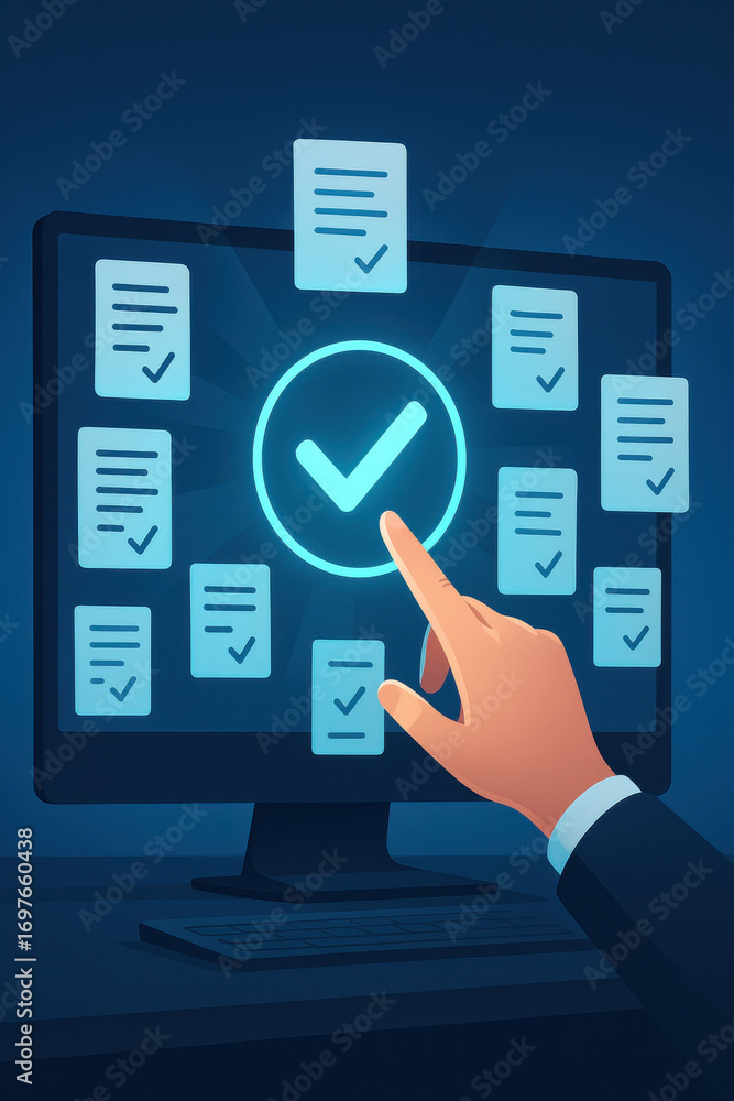Poster hand pointing at checkmark on computer screen with multiple documents