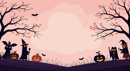 Halloween Night Scene with Characters and Pumpkins