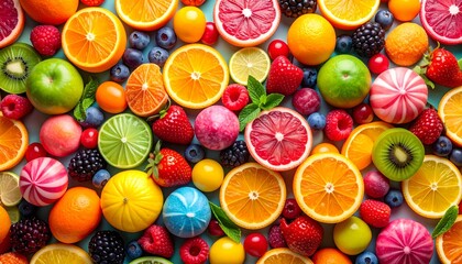 Fototapeta premium Vibrant assortment of fresh, colorful fruit creates an attractive and nutritious backdrop