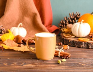 Autumnal beverage scene on a wooden table