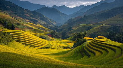 Breathtaking terraced rice fields in golden hues under a serene sky.