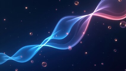 A flowing design of translucent, glowing blue and pink ribbons, intertwined, with scattered, glittering particles and floating orbs, creates a captivating visual display.