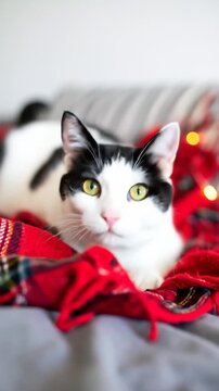 Feline naptime. A black and white cat rests on a red plaid blanket, accented by blurred fairy lights, atop a grey bed. A striped pillow is behind