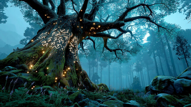 Enchanted mystical forest tree glowing with magical runes
- Powered by Adobe