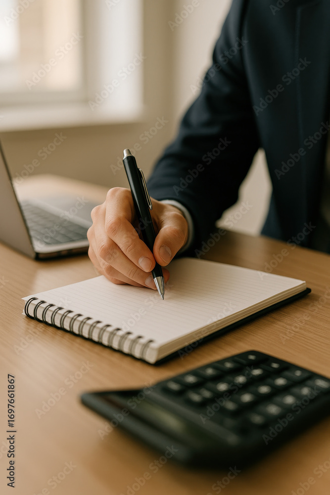 Poster writing on notebook with pen on office desk with calculator and laptop