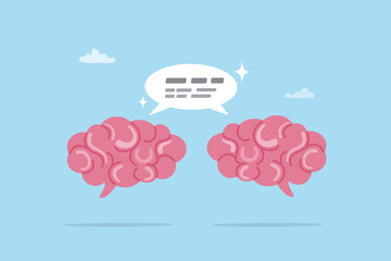 Communicate information, discussion or debate with reason, understanding talk, effective communication, result or knowledge sharing, human brain communicate by talking speech bubble discussion.
