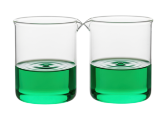 Two pristine borosilicate glass laboratory beakers with vibrant emerald green liquid gently touching, creating concentric ripples, against a transparent background, clean product photo concept of