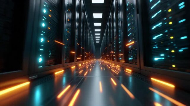 Futuristic data center corridor with glowing server racks and dynamic orange light trails creating high tech digital network atmosphere with advanced computer hardware technology - Powered by Adobe