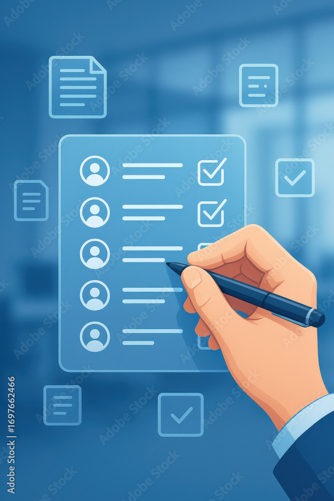 Aufkleber hand holding pen checking task list with user icons and documents in office background