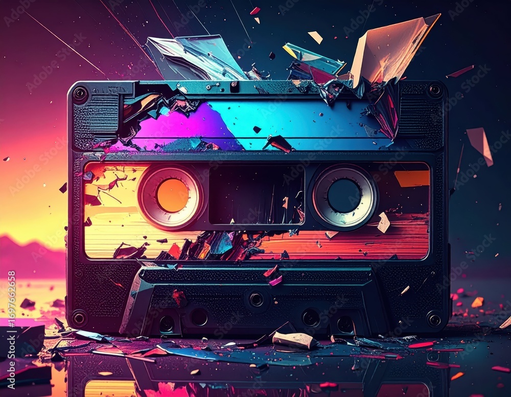Poster creative abstract art of broken cassette tape with colorful shards