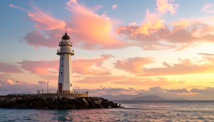 Lighthouse at sunset over calm water